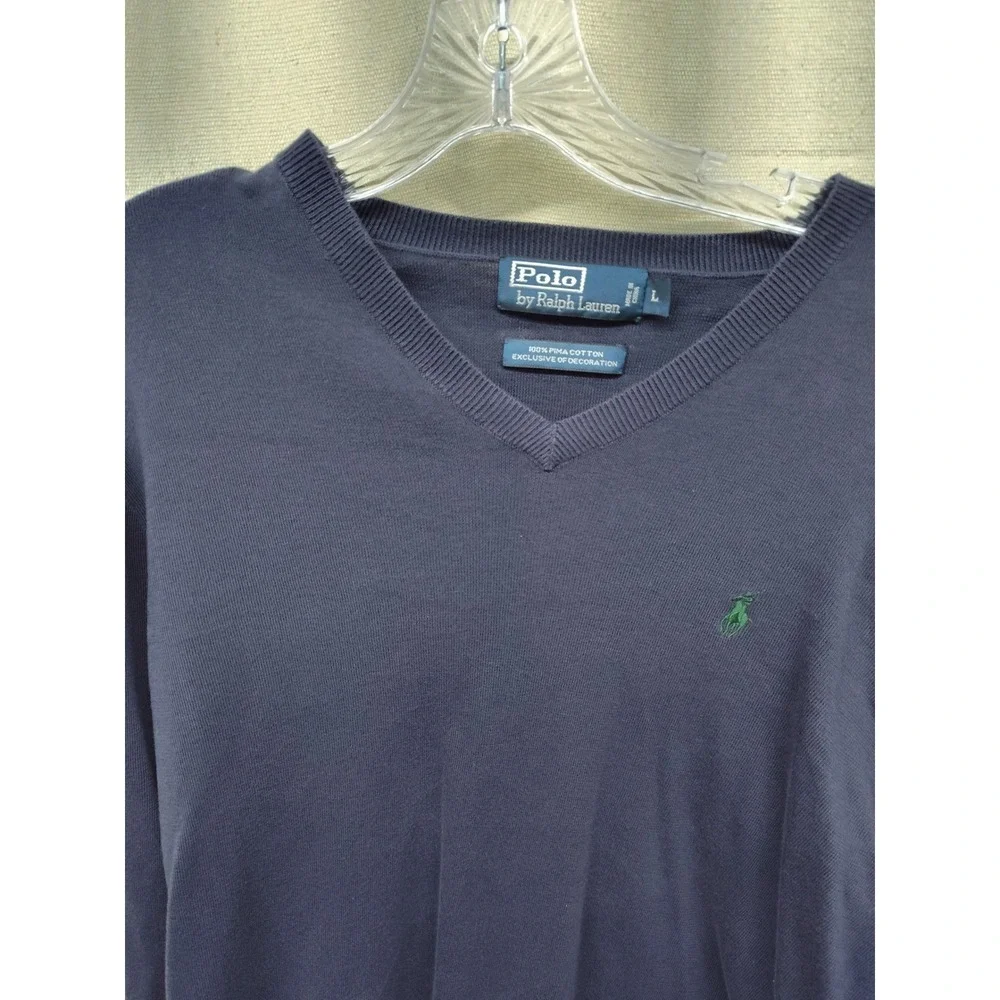 Polo Ralph Lauren Mens V-Neck Sweater Navy Blue 100% Pima Cotton Large Pony Logo